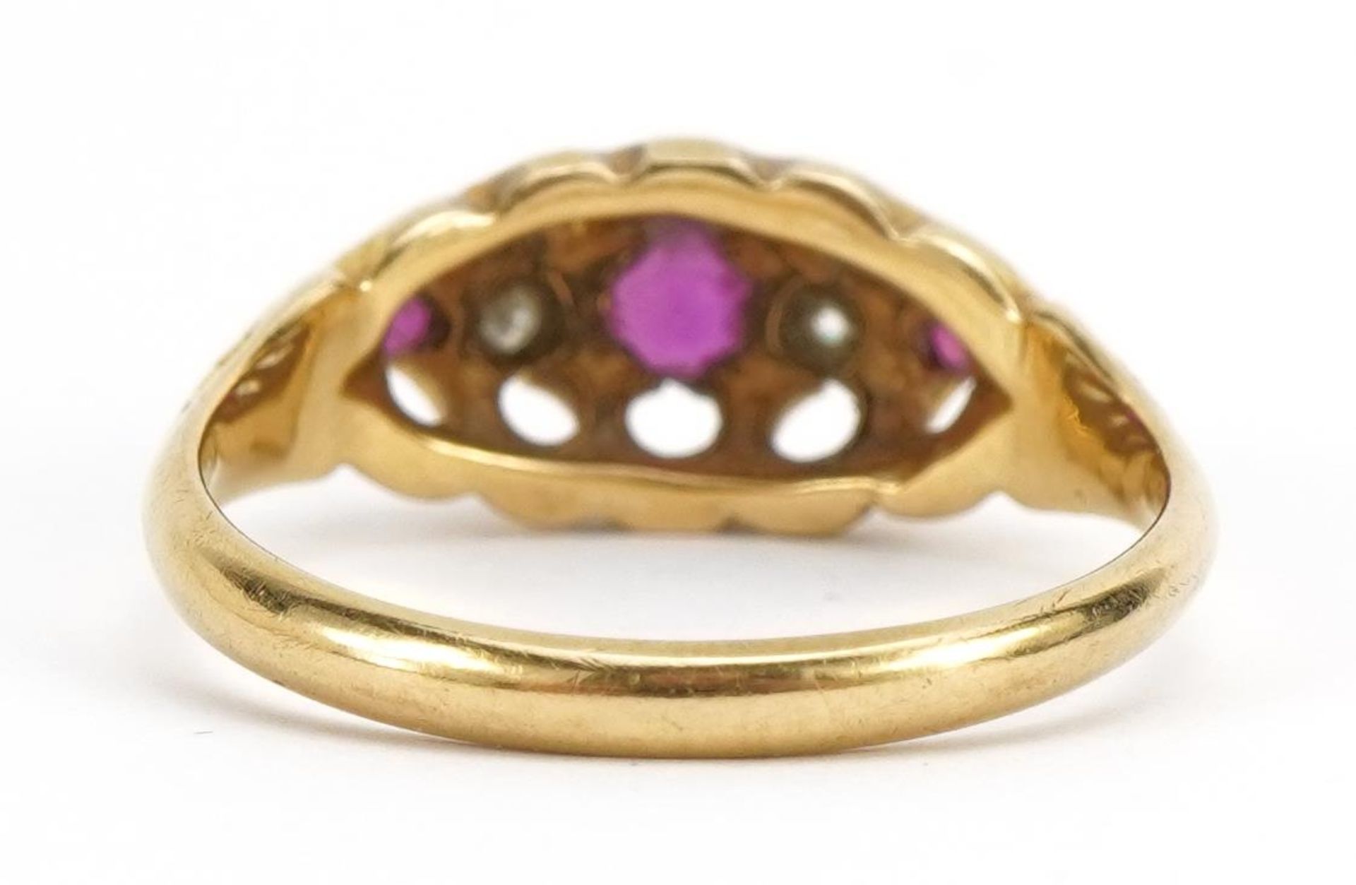 18ct gold ruby and diamond five stone ring, the central ruby approximately 3.4mm in diameter, size - Image 2 of 3