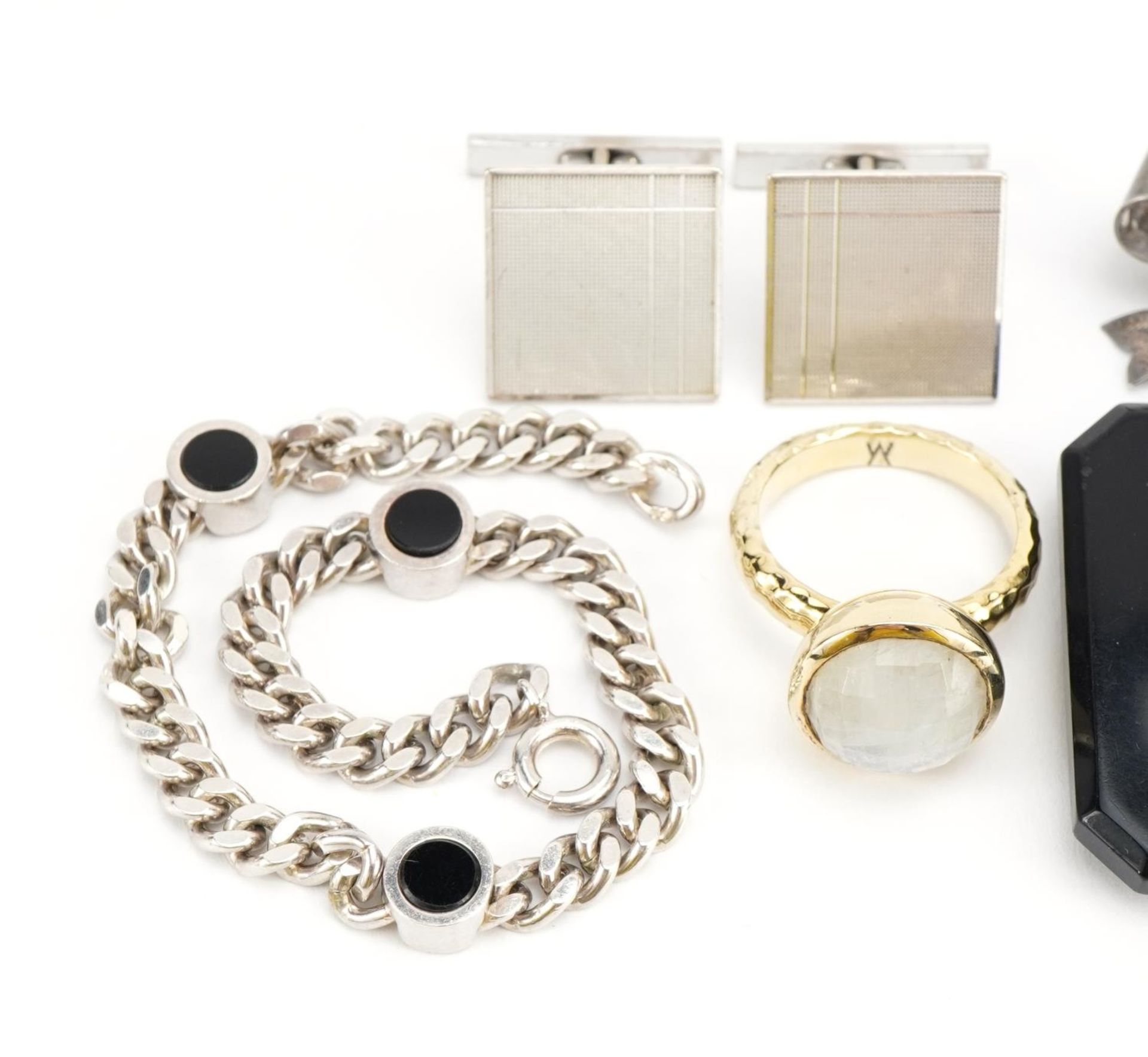 Silver jewellery including curb link bracelet set with black hardstones, silver gilt cabochon - Image 2 of 4