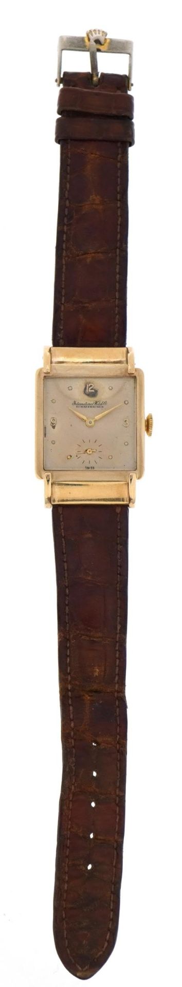 International Watch Co, gentlemen's 9ct gold wristwatch with Omega brown leather strap, the dial - Image 2 of 4