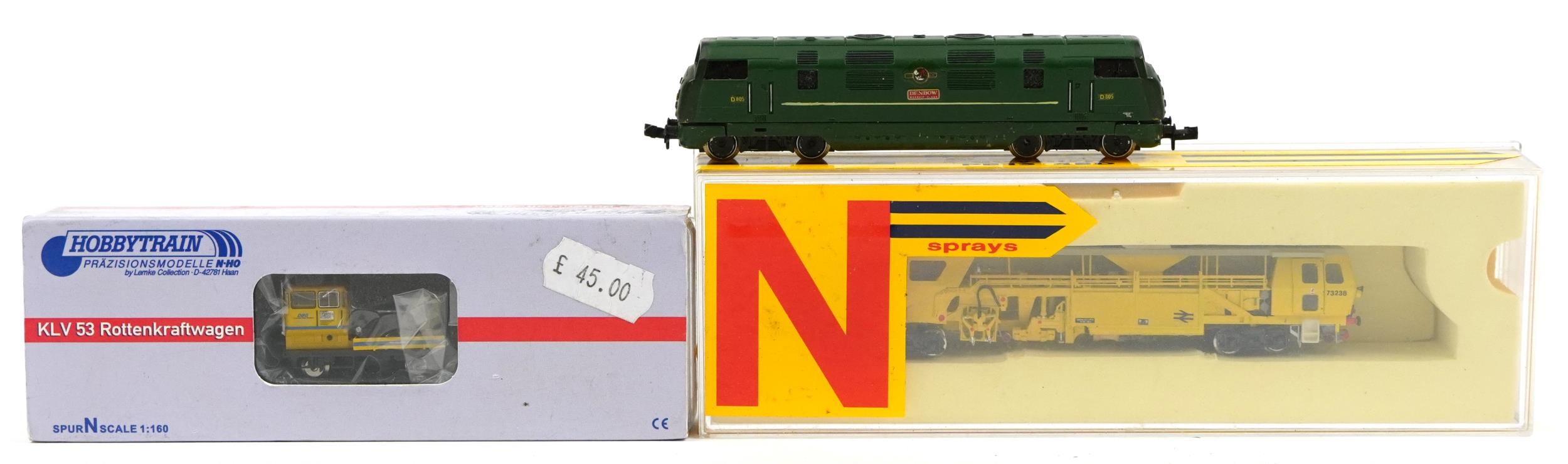 Three N gauge model railway locomotives comprising N Sprays, Hobby Train and Trix