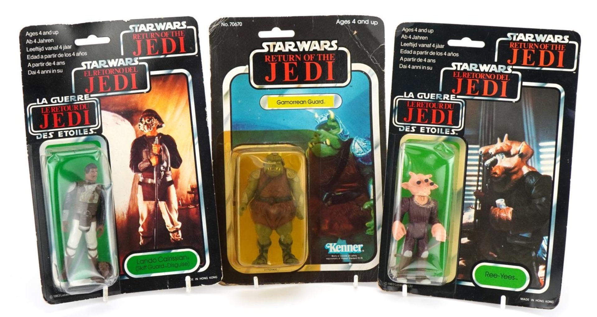 Three Star Wars Return of the Jedi action figures housed in sealed blister packs comprising Ree-