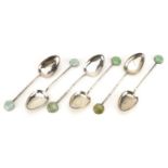 Set of six Chinese silver teaspoons with green jade terminals, 10cm in length, 36.0g