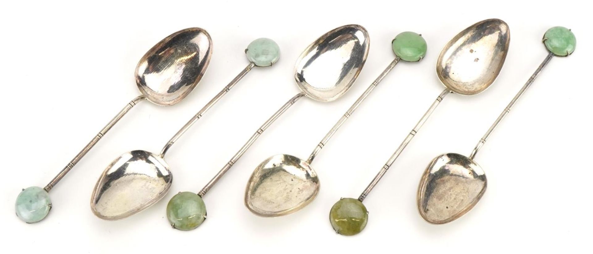 Set of six Chinese silver teaspoons with green jade terminals, 10cm in length, 36.0g