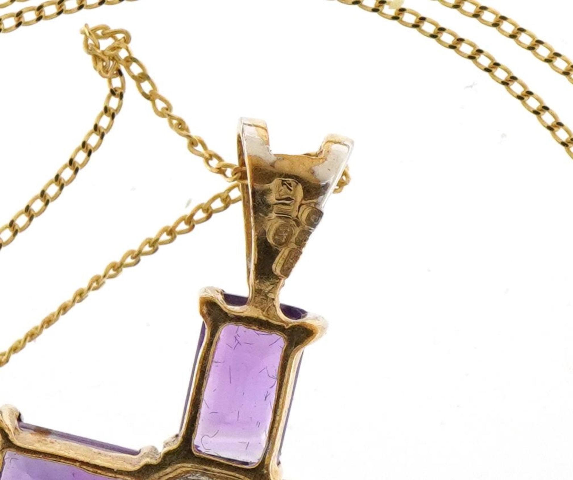 9ct gold amethyst and diamond cross pendant on a 9ct gold necklace, 2.4cm high and 45cm in length, - Image 4 of 4