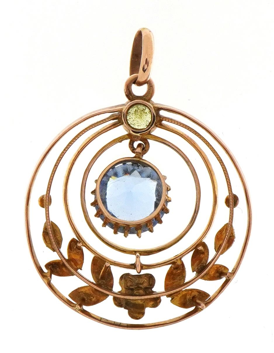 Edwardian 9ct rose gold peridot, blue stone and seed pearl drop pendant, 3.5cm high, 3.6g - Image 2 of 2