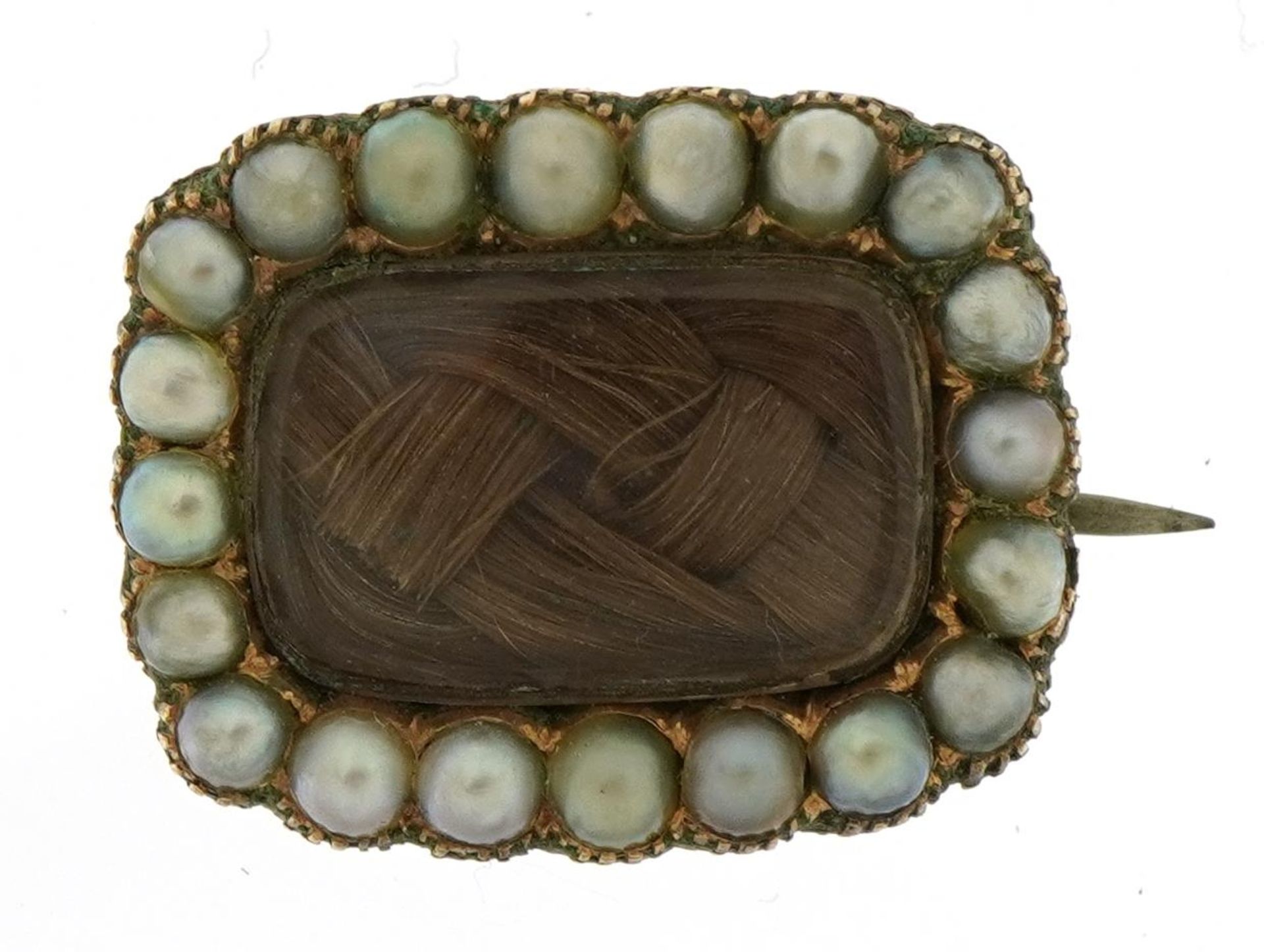 Victorian unmarked gold seed pearl and woven hair panel mourning brooch, tests as 15ct gold, 2.0cm