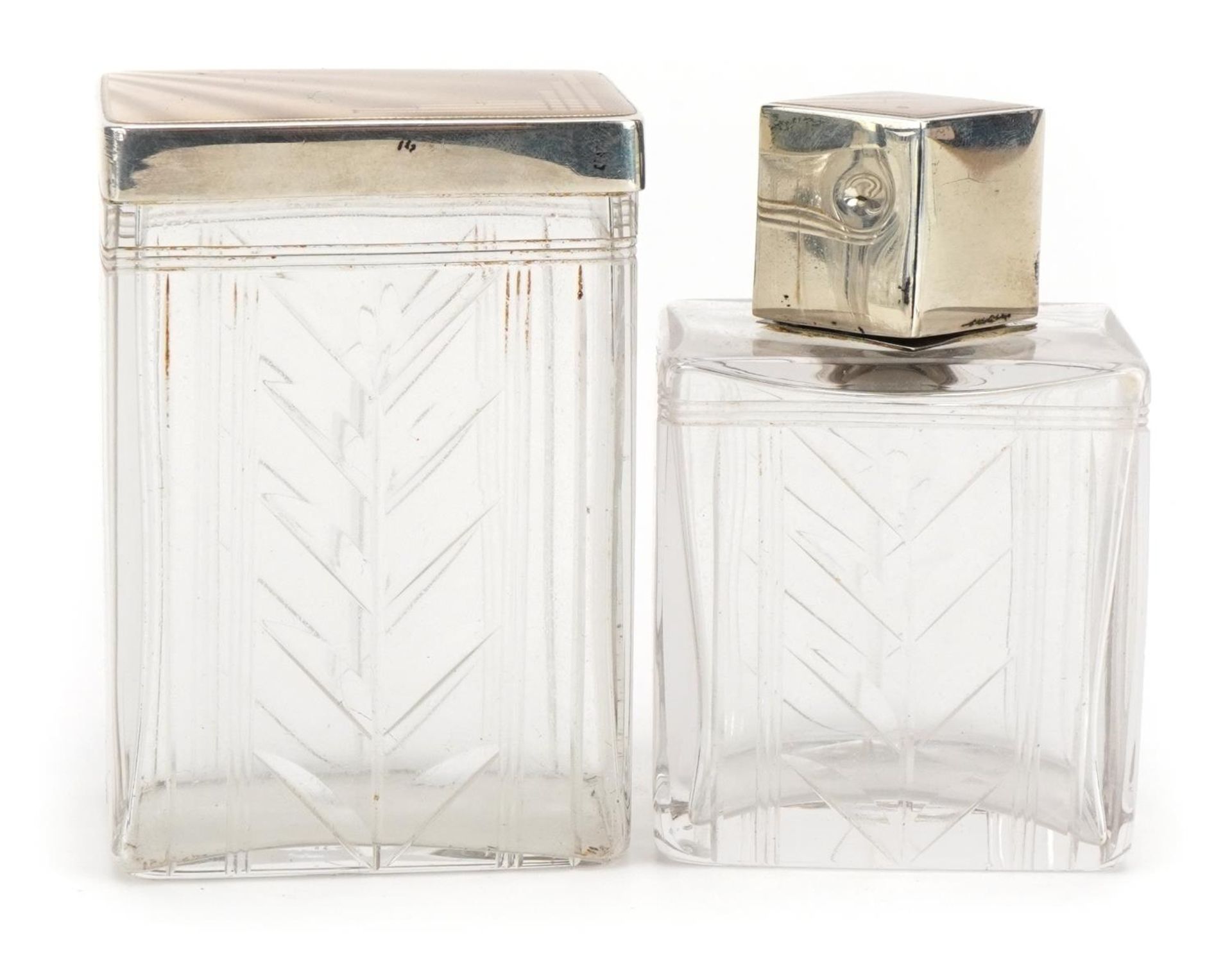 Art Deco glass scent bottle and jar and cover with silver guilloche enamelled lids by Albert - Image 2 of 5