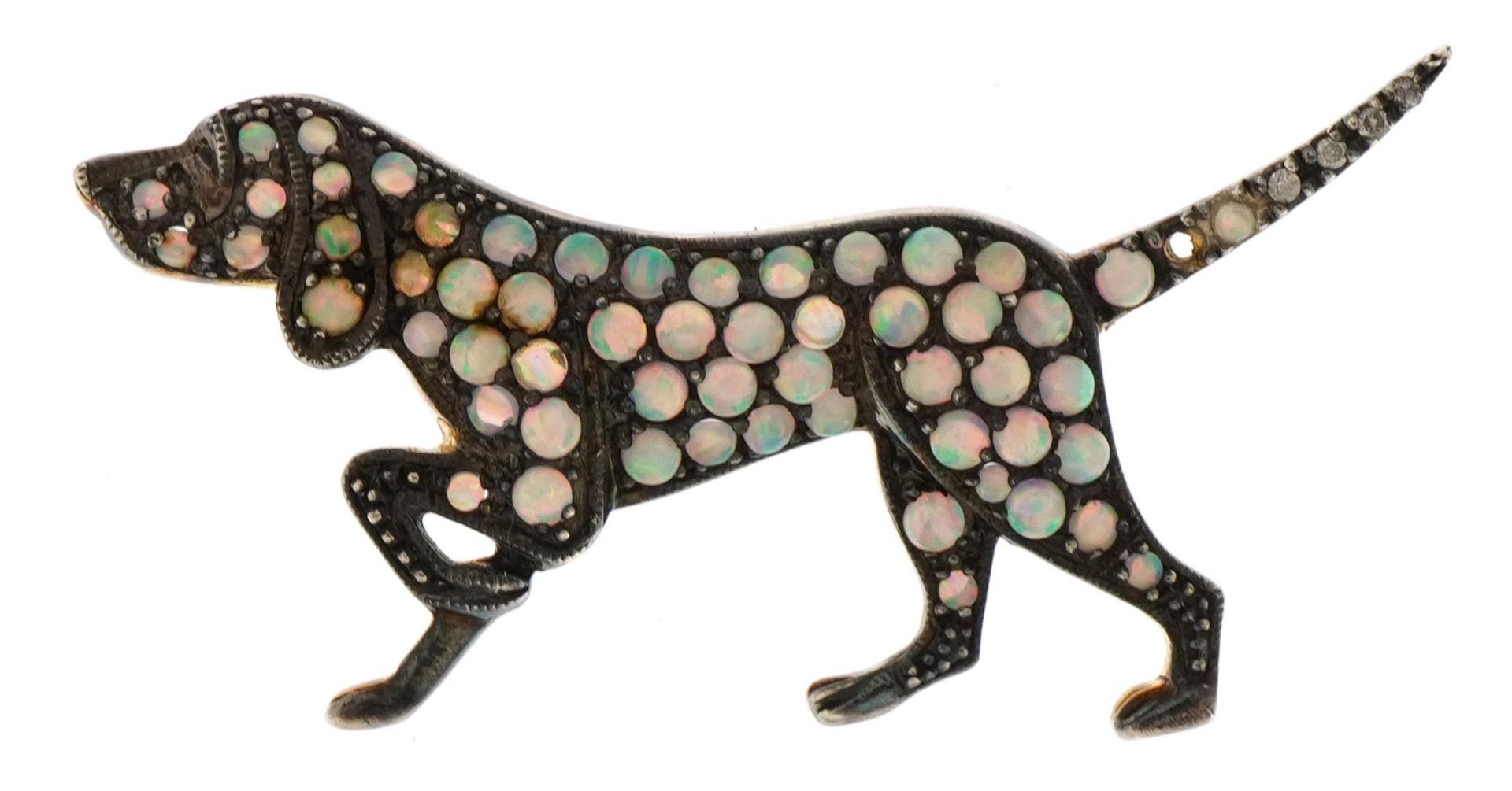 Unmarked gold Pointer dog brooch set with diamonds and cabochon opals, 4.5cm wide, 5.4g