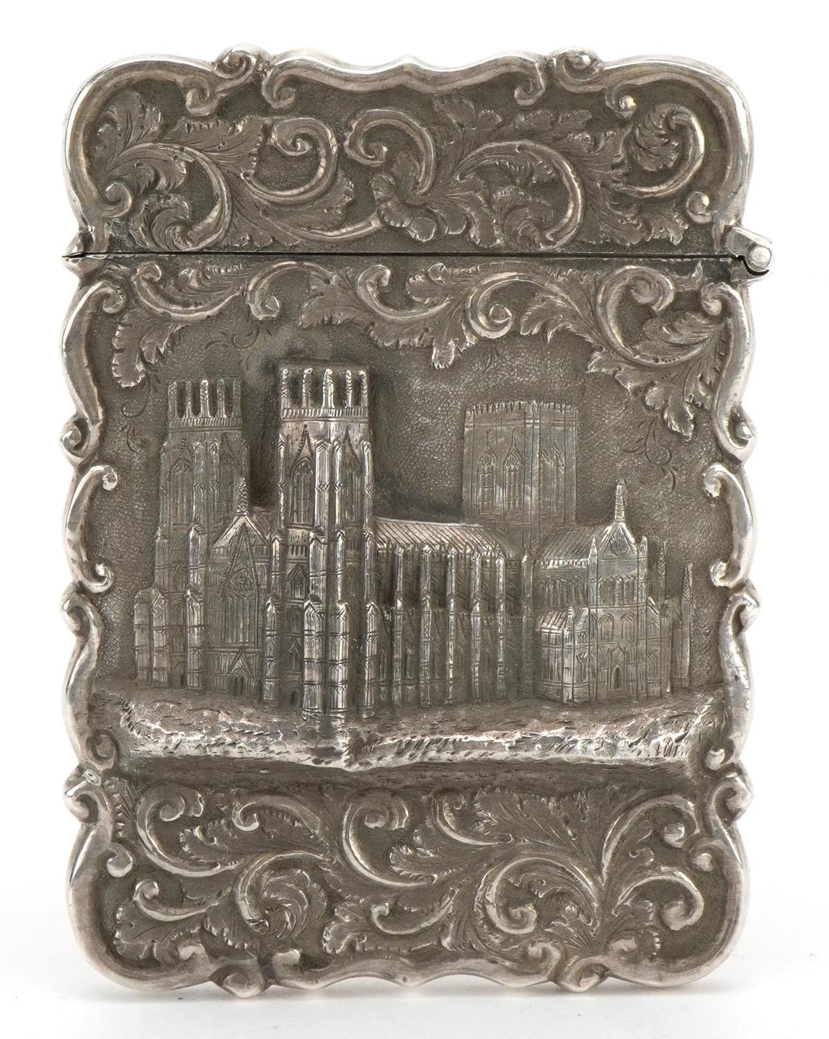 Hilliard & Thomason, Victorian silver castle top card case embossed with York Minster and foliate