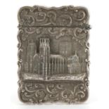 Hilliard & Thomason, Victorian silver castle top card case embossed with York Minster and foliate