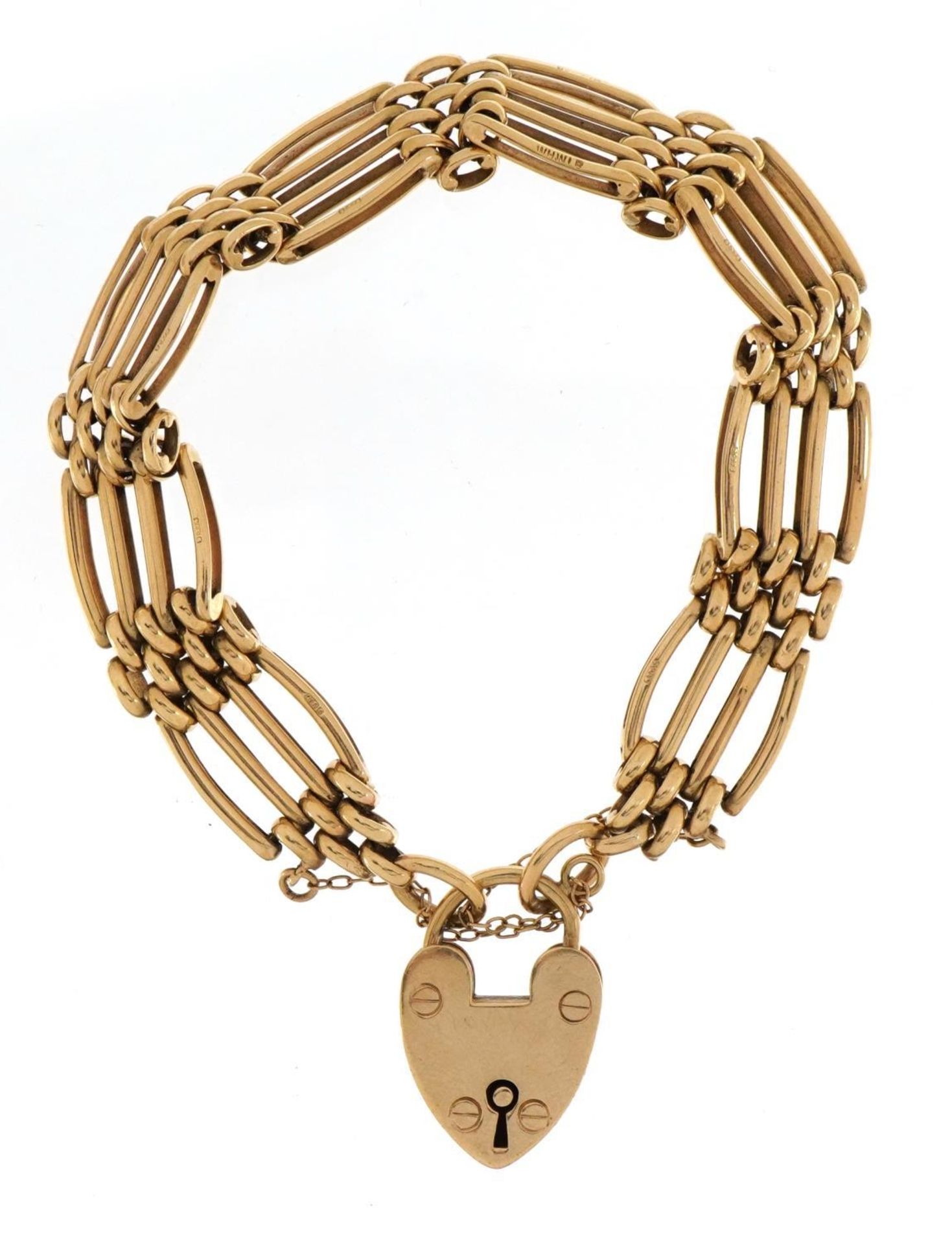 9ct gold three row gate link bracelet with 9ct gold love heart padlock, 18cm in length, 25.0g - Image 2 of 4
