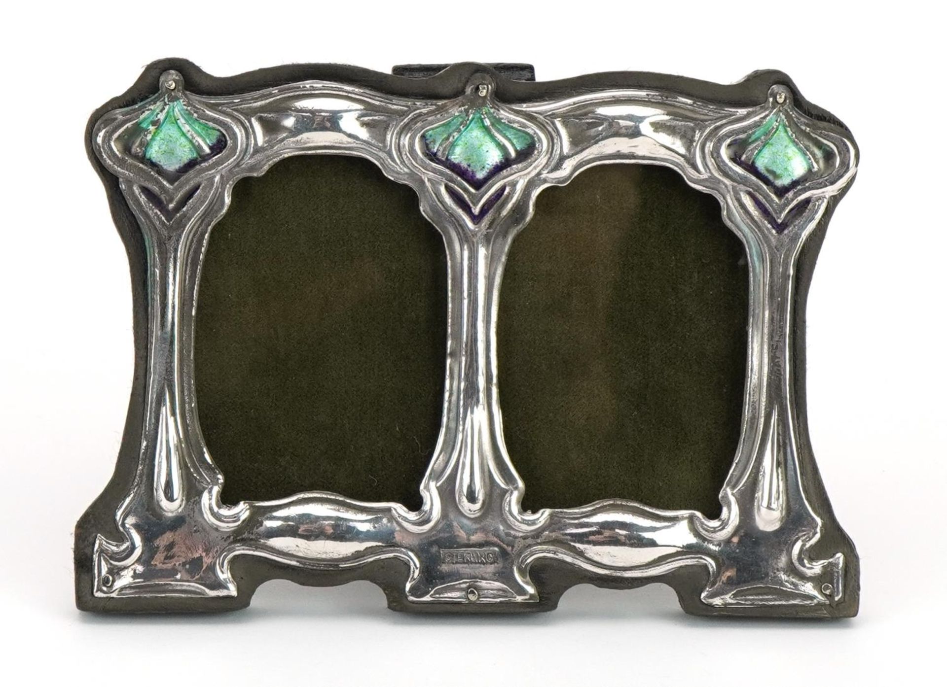 Art Nouveau style sterling silver and enamel double easel photo frame, 11.5cm x 8cm