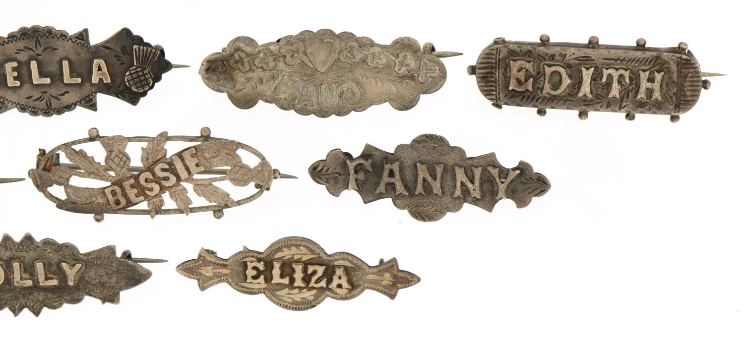 Nine Victorian silver name brooches including Edith, Dolly and Maud, the largest 4.5cm wide, total - Image 3 of 5