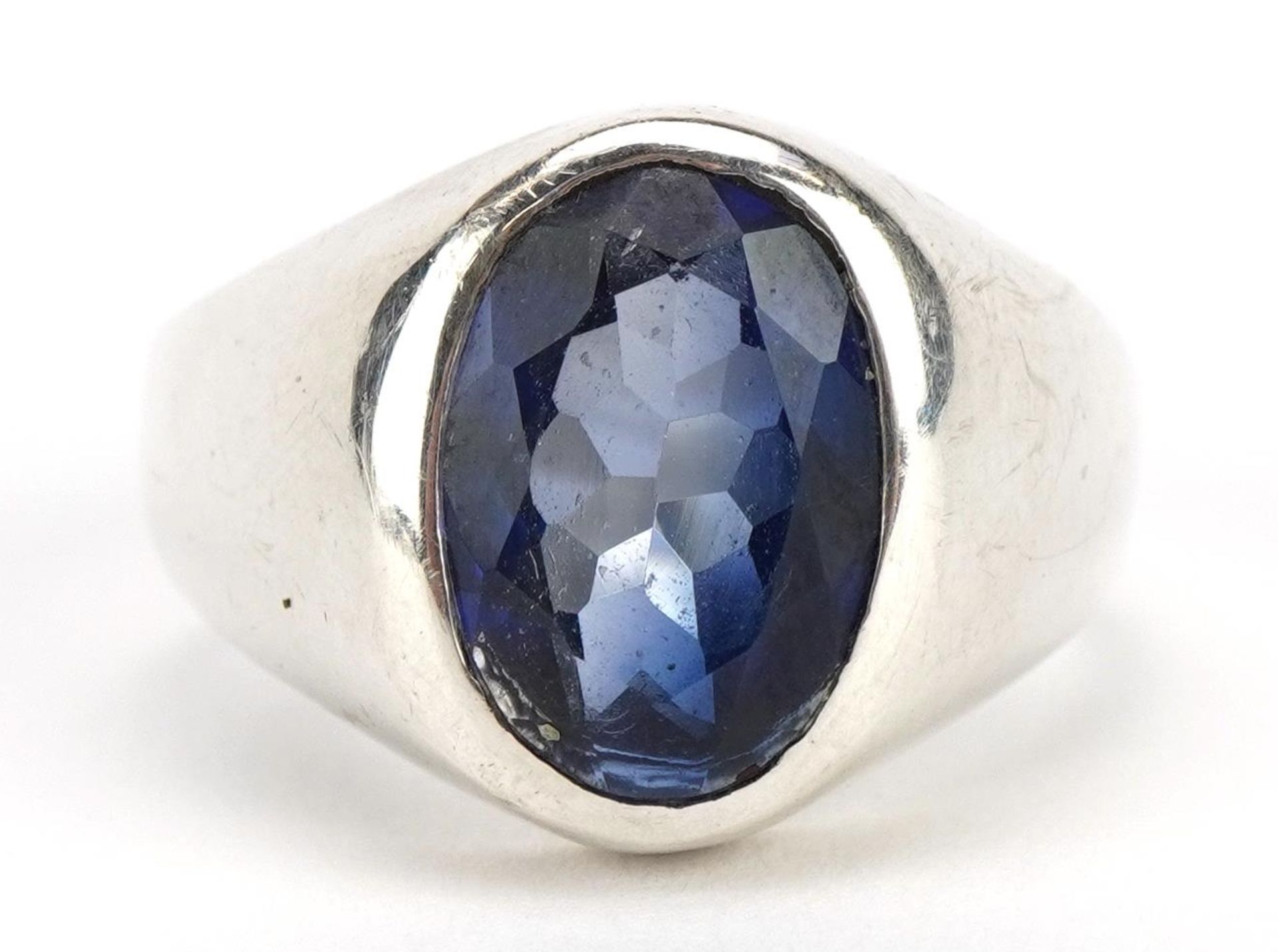 Silver sapphire signet ring, the sapphire approximately 12.7mm x 8.7mm, size T, 12.4g