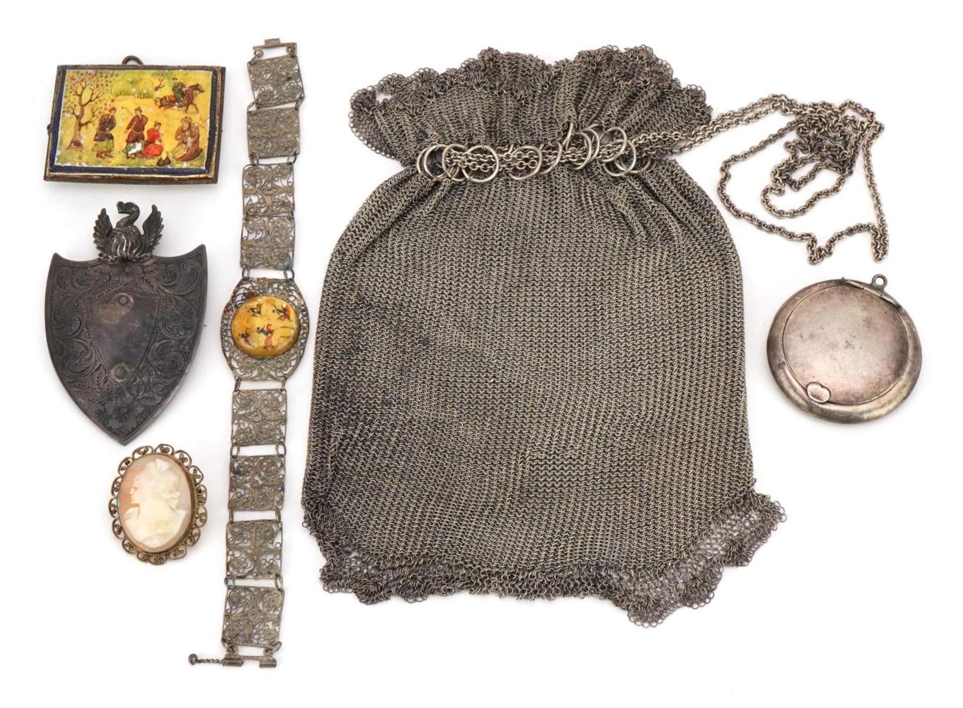 Antique and later jewellery and objects including an unmarked silver chain mail coin purse,