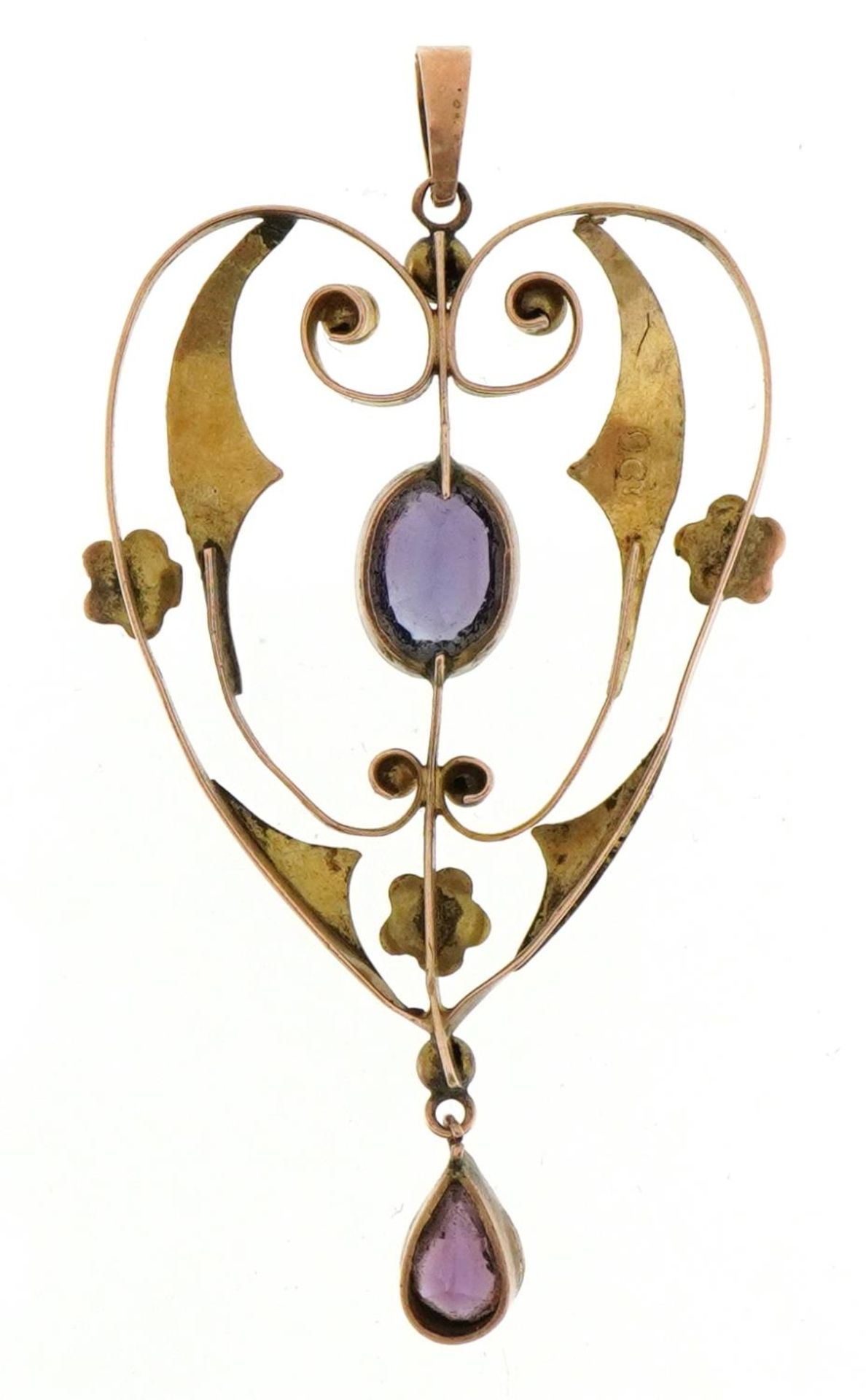 Edwardian 9ct rose gold amethyst drop pendant, 4.8cm high, 2.4g - Bild 2 aus 3