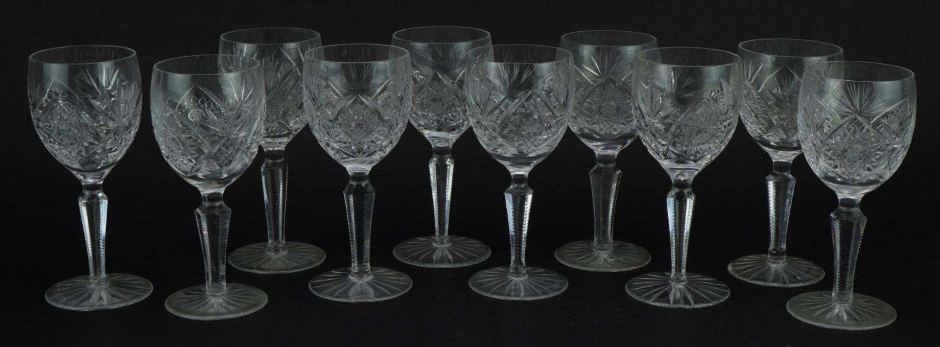 Set of ten cut crystal glasses, 15.5cm high