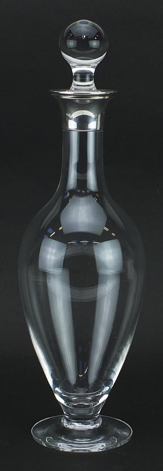 Dartington Crystal decanter with stopper and silver collar by E P Degavino, London 2004, 36cm high