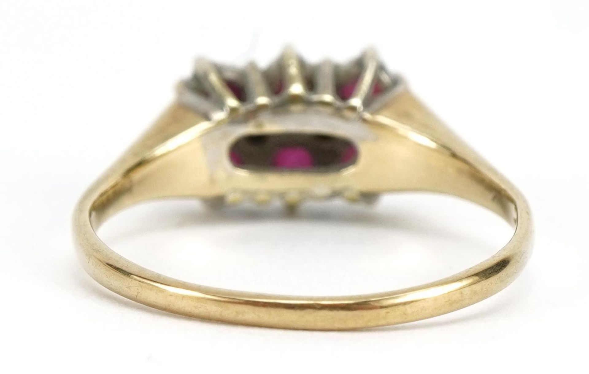 9ct gold ruby and diamond three row cluster ring, size P, 2.4g - Image 2 of 3