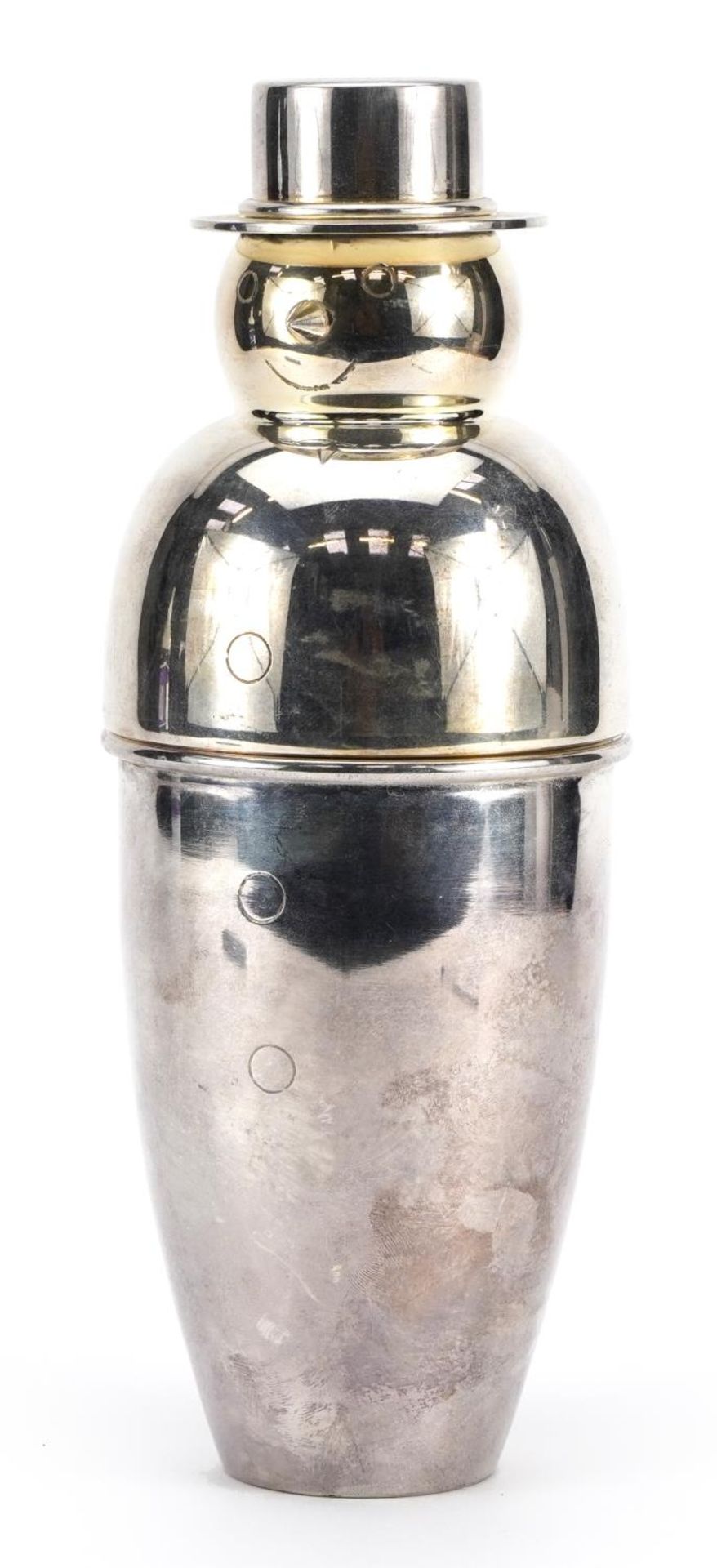 Art Deco design silver plated cocktail shaker in the form of a snowman, 26cm high