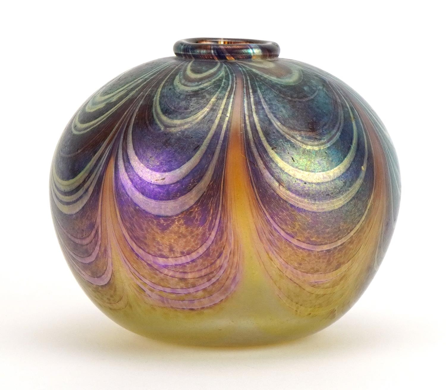 Peter Layton, iridescent art glass vase with combed decoration, indistinct etched marks to the base,