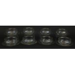 Set of six Venetian glass bowls on stands with gilt monograms and borders, each 11.5cm in diameter