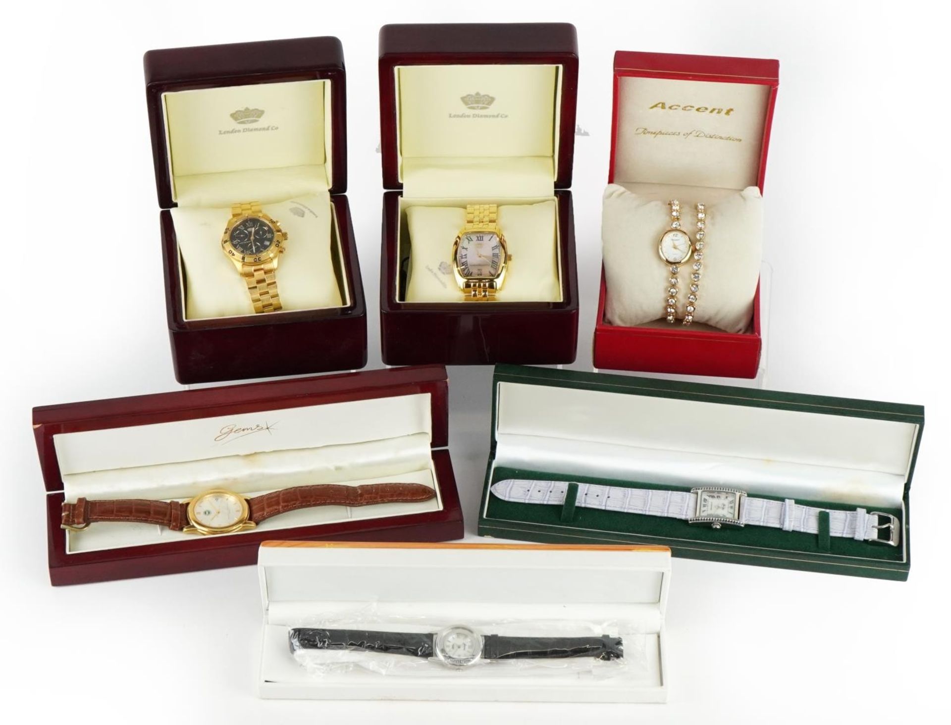 Six ladies and gentlemen's wristwatches with boxes, one with matching bracelet including London