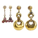 Pair of 9ct gold pink stone drop earrings with screw backs with a pair of rolled gold drop earrings,