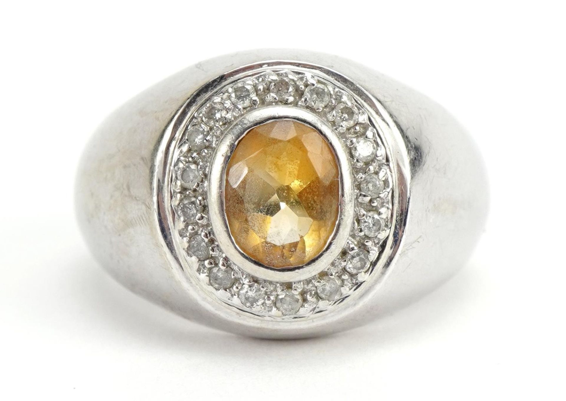 9ct white gold citrine and diamond ring, size S/T, 11.4g