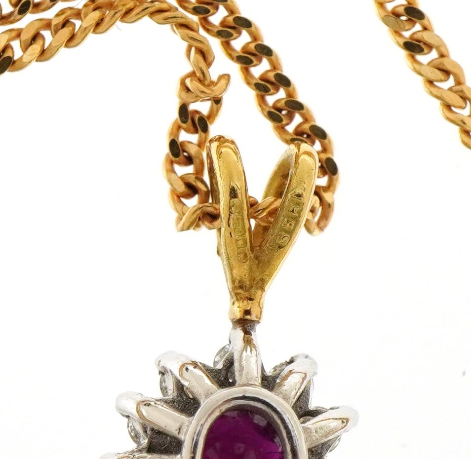 18ct gold ruby and diamond cluster pendant on a 9ct gold curb link necklace, 1.5cm high and 41cm - Image 4 of 4