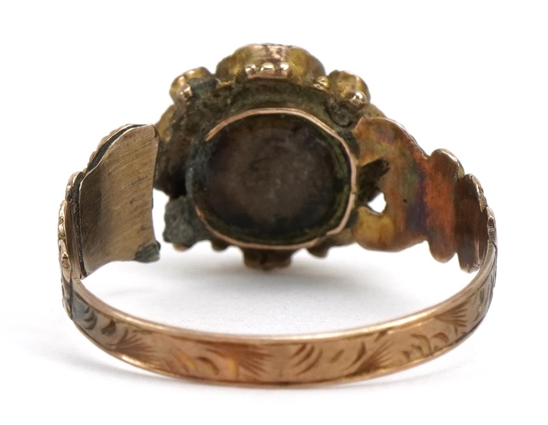 Victorian 9ct gold garnet and seed pearl cluster mourning ring with scrolled shoulders, Birmingham - Image 2 of 3