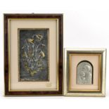 Two silver plaques embossed with religious figures by Obrazek and stylised tulips with 999 silver