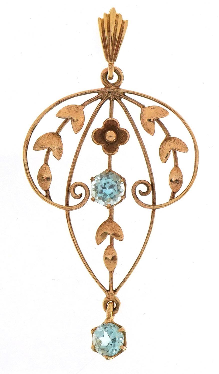 Edwardian unmarked 9ct rose gold blue stone drop pendant, possibly aquamarine, 4.9cm high, 3.2g
