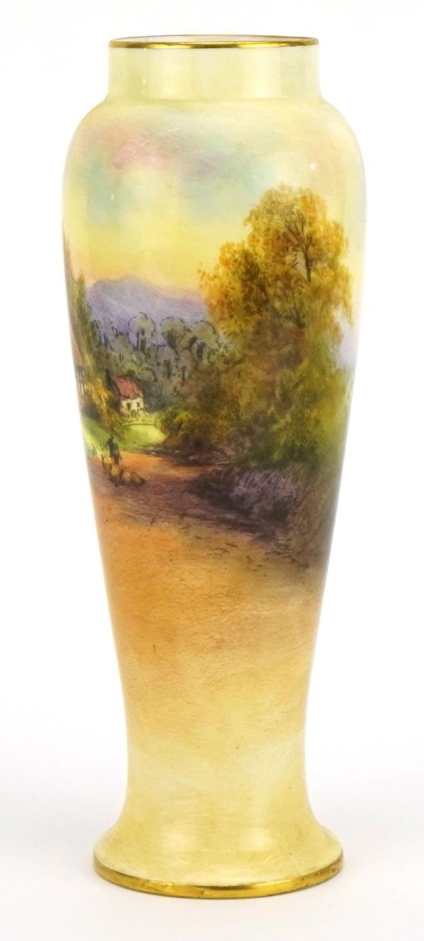 Raymond Rushton for Royal Worcester, porcelain baluster vase hand painted with a Cropthorne street - Image 3 of 4