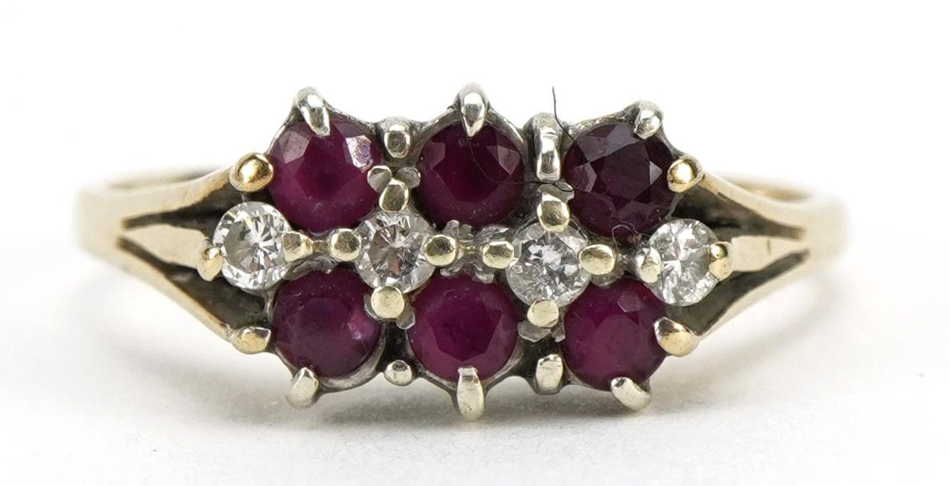 9ct gold ruby and diamond three row cluster ring, size P, 2.4g