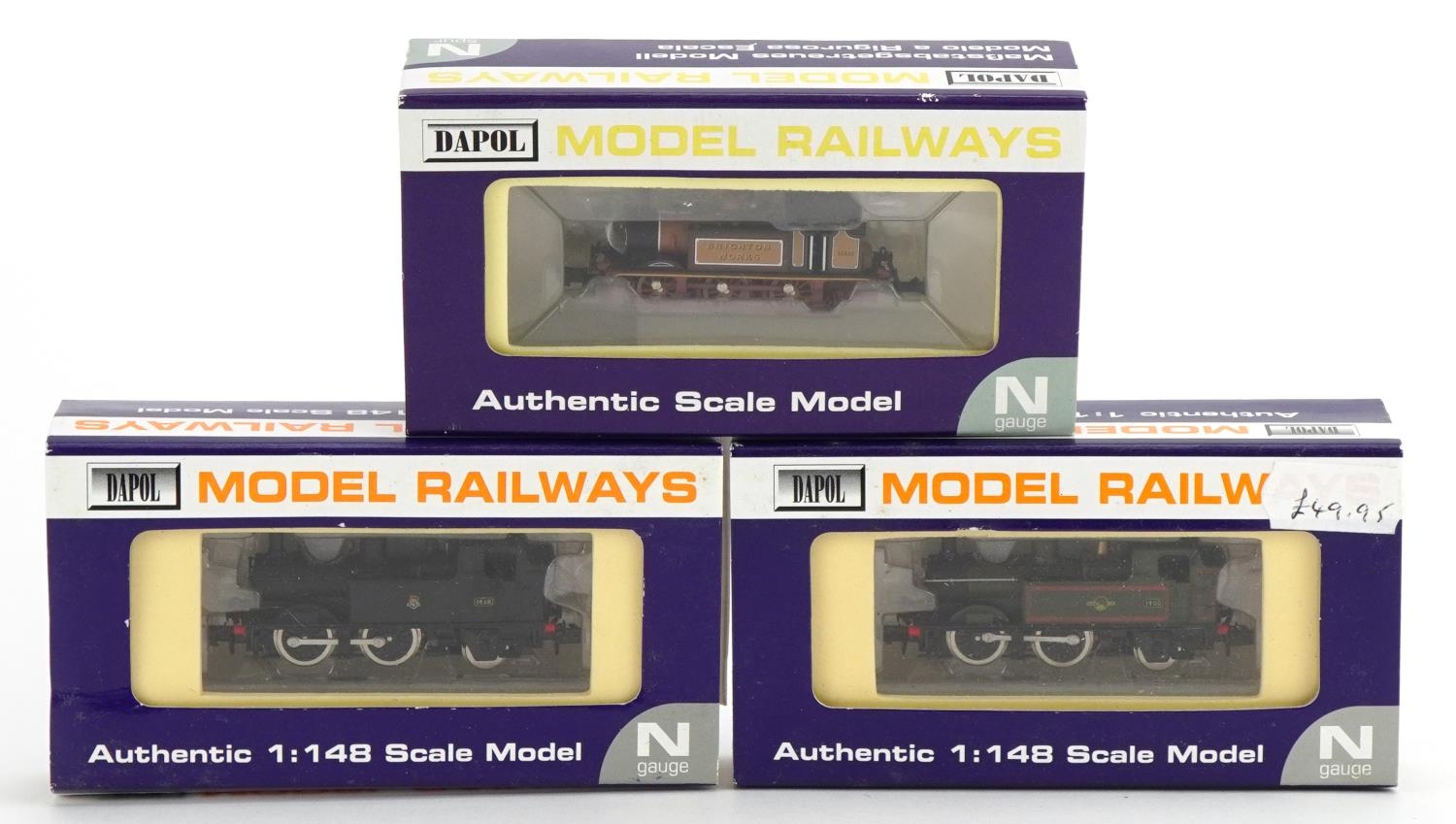 Three Dapol N gauge model railway locomotives with cases, numbers ND002, ND003 and DAGM01 limited