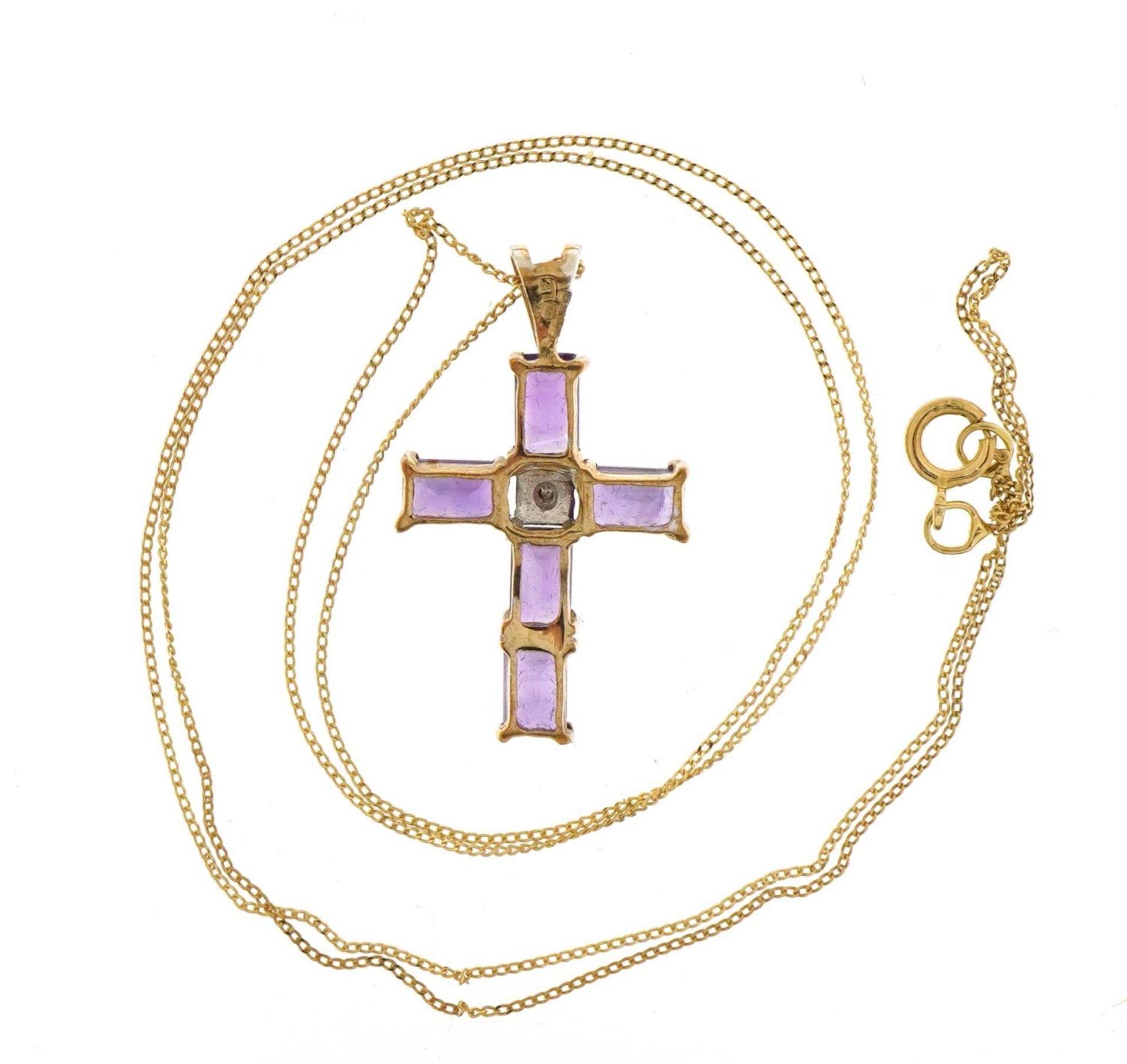 9ct gold amethyst and diamond cross pendant on a 9ct gold necklace, 2.4cm high and 45cm in length, - Image 3 of 4