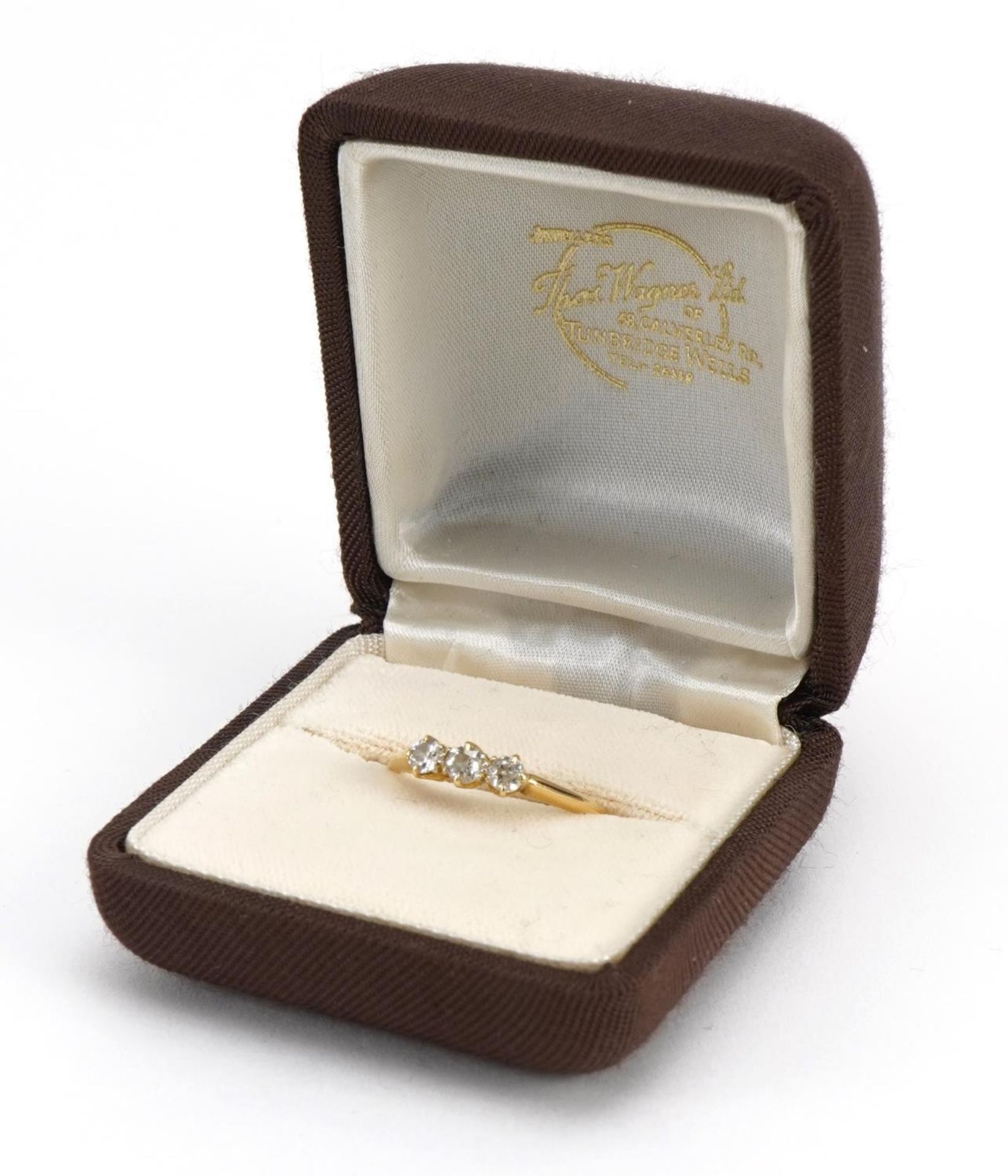 18ct gold diamond three stone ring, the largest diamond approximately 3.4cm in diameter, size O, 2. - Image 4 of 5