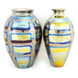 Atkinson Jones, two contemporary lustreware vases having silvered block design glazes, each 16.5cm