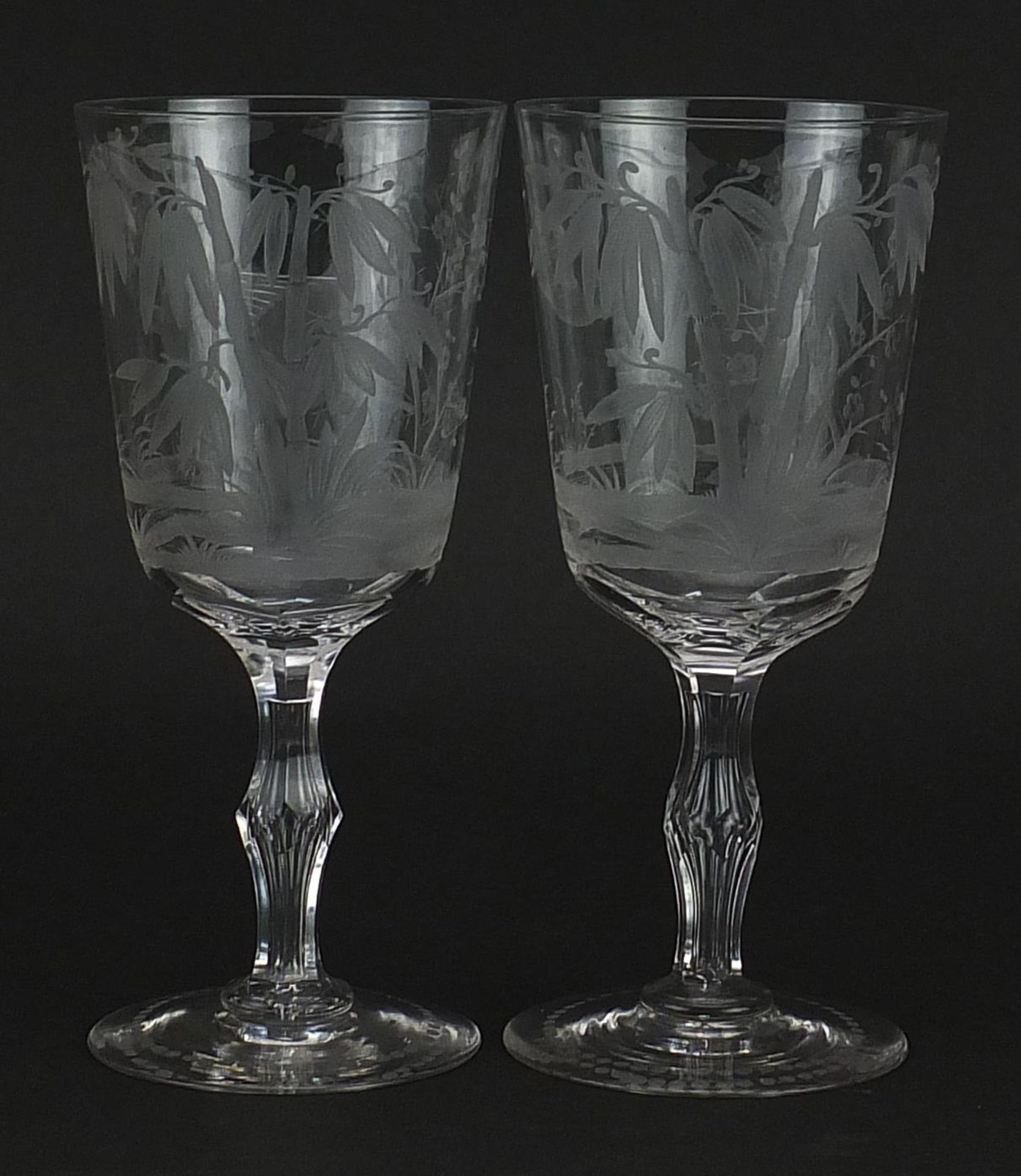 Pair of aesthetic style glasses etched with cranes amongst bamboo grove and cherry blossom, each - Image 2 of 3
