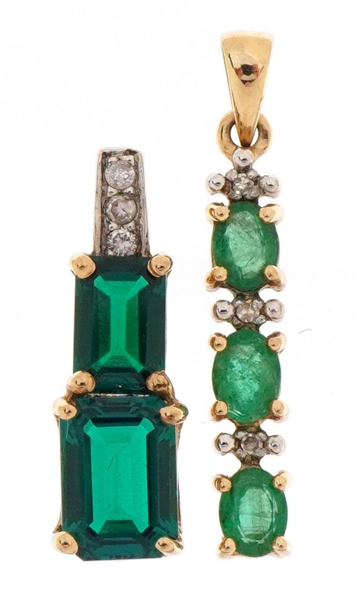 9ct gold jewellery comprising 9ct gold emerald and diamond pendant with matching emerald stud - Image 2 of 7