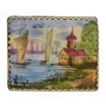 White metal stud fastening enamelled and hand painted with a river landscape, 2.6cm wide, 6.8g