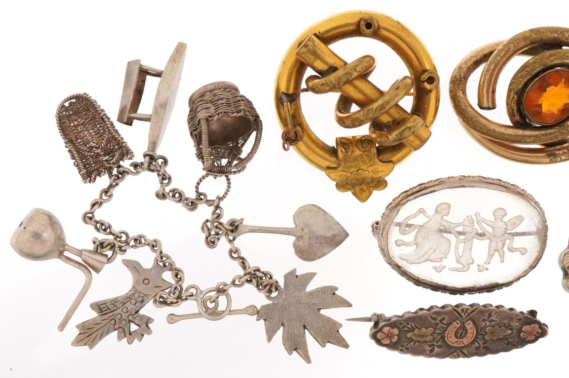 Victorian and later jewellery including silver charm bracelet, yellow metal brooches with engraved - Image 2 of 4