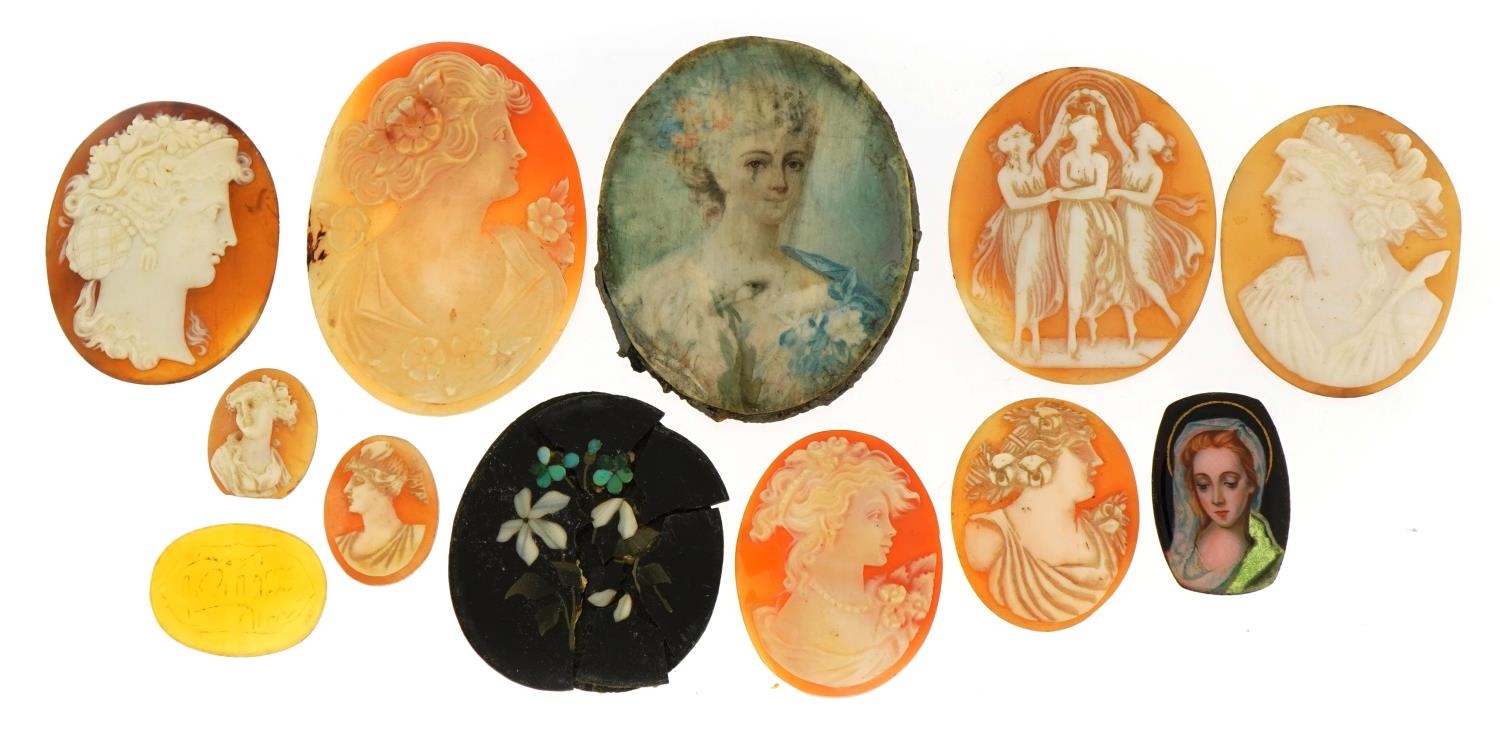 Collection of cameo panels carved with maiden heads, two hand painted examples and a pietra dura