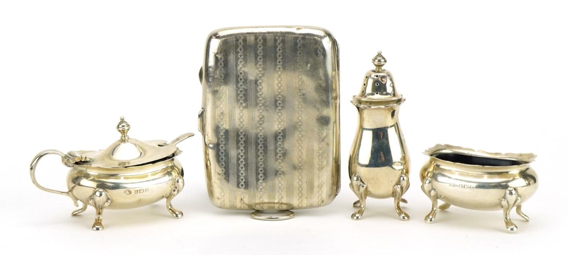 Adie Brothers Ltd, silver three piece cruet set with blue glass liners and a rectangular silver - Image 2 of 5