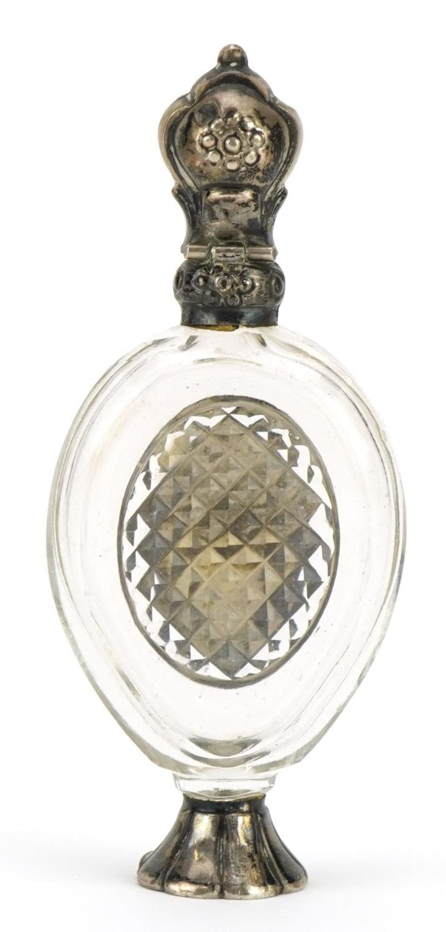 Antique cut glass scent bottle with stopper and unmarked silver mounts, 10.2cm high - Image 2 of 3