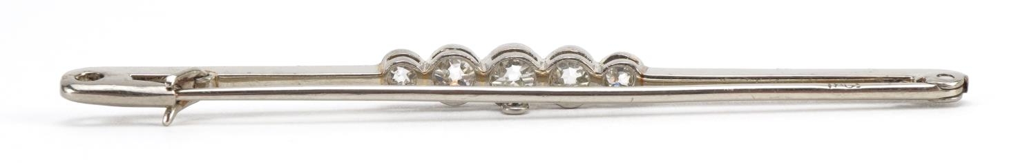 18ct white gold and platinum diamond five stone bar brooch housed in a Mappin & Webb tooled - Image 2 of 4