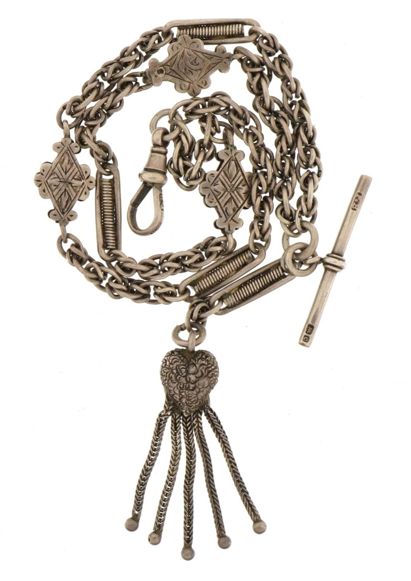 Victorian ladies silver multi link watch chain with T bar and love heart tassel, 24cm in length,