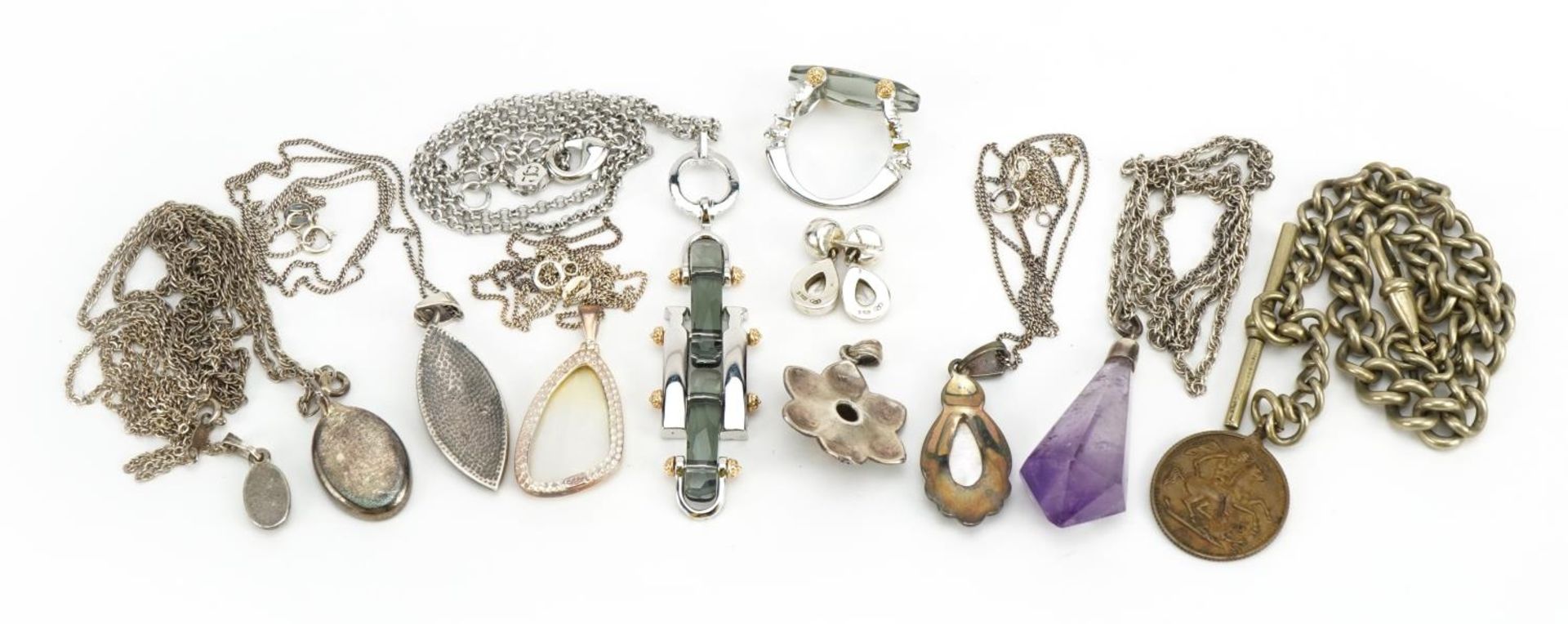 Vintage and later silver and white metal jewellery including amethyst crystal pendant, pair of - Image 4 of 4
