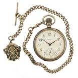 Waltham, gentlemen's silver open face pocket watch and silver watch chain with T bar and jewel,
